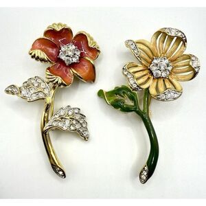 Vtg Nolan Miller Lot Of 2 Flower Brooches Enamel Rhinestones Glamour Collection